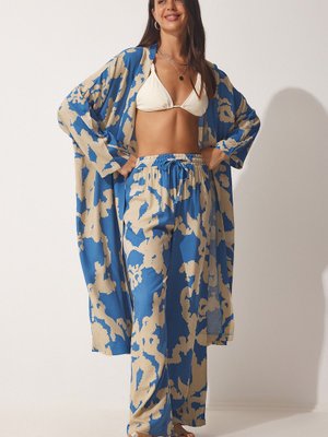 Mavi Bej Desenli Viskon Kimono Palazzo Pantolon Takım