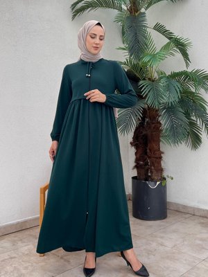 Boydan Fermuarlı Ferace Zümrüt Yeşili