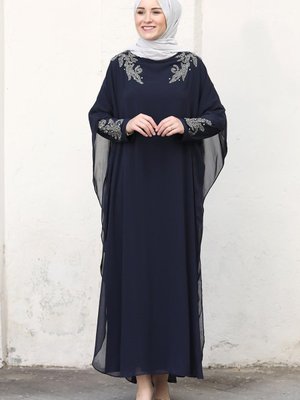 Lacivert Omuz Ve Kolları Taş Işlemeli Beste Rahat Yarasa Kol Abiye Elbise