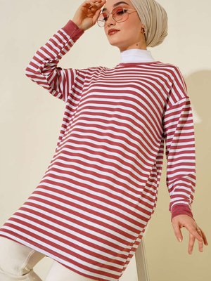 Ince Kumaş Gül Kurusu Çizgili Yazlık Tunik