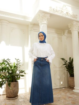 Denim Klasik Etek Koyu Mavi