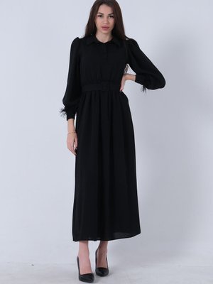 Siyah Kol Ucu Tüylü Kemerli Elbise Siyah Kol Ucu Tüylü Kemerli Elbise