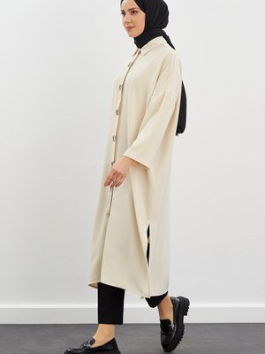 Düğme Detaylı Uzun Tunik Bej Düğme Detaylı Uzun Tunik Bej