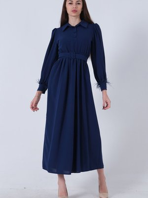 Lacivert Kol Ucu Tüylü Kemerli Elbise Lacivert Kol Ucu Tüylü Kemerli Elbise