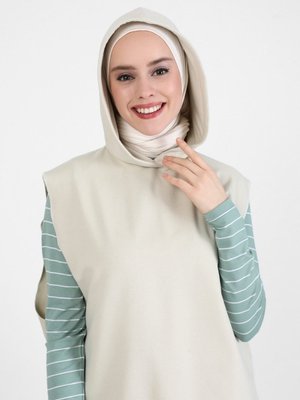 Kapüşonlu Kolsuz Sweatshirt Bej