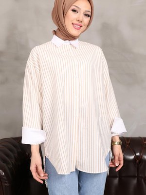 Bisküvi Çizgili Yırtmaçlı Gömlek