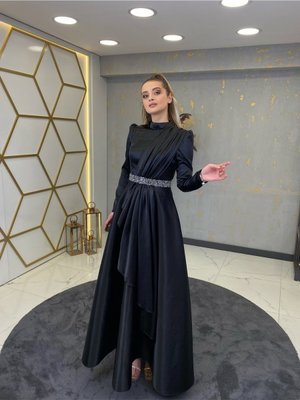 Taş Kemerli Suna Abiye Elbise Siyah