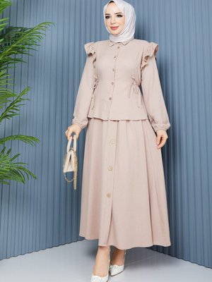 Bej Kol Bel Detaylı Bluz Etek Bürümcük Takım
