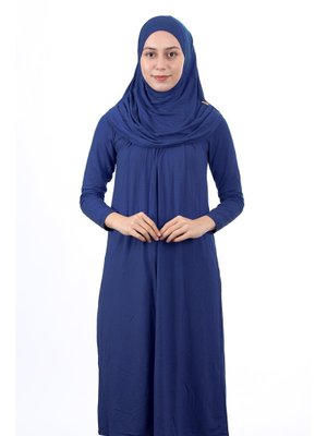 Yaş Kendinden Başörtülü Tek Parça Namaz Elbisesi Lacivert Garson Boy