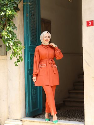 Cepleri İnci Detaylı Kuşaklı İkili Takım