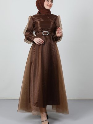 Organze Kloş Abiye Elbise Karamel Organze Kloş Abiye Elbise Karamel