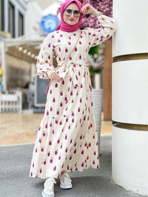 Keten Kumaş Ananas Desenli Uzun Elbise Lila Keten Kumaş Ananas Desenli Uzun Elbise Lila