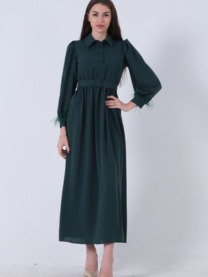 Zümrüt Kol Ucu Tüylü Kemerli Elbise Zümrüt Kol Ucu Tüylü Kemerli Elbise