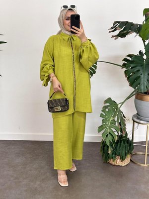 Boncuklu Pamuk Keten Takım Yağyeşil Boncuklu Pamuk Keten Takım Yağyeşil