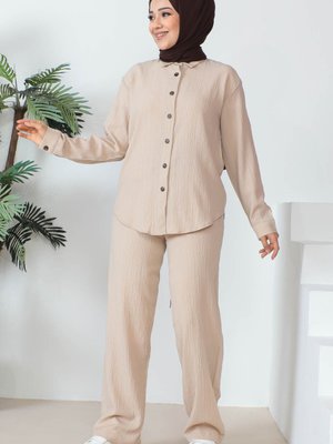 Bej Detaylı Keten Gömlek Pantolon Takım