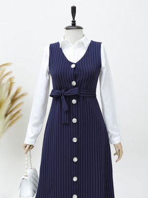 Boydan Düğmeli Kuşaklı Çizgili Jile