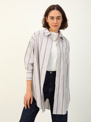 Cep Detaylı Oversize Poplin Gömlek Yeşil Gri Çizgili