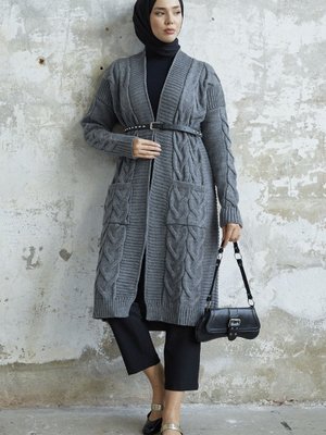 Eriyas Örgülü Cepli Triko Hırka Antrasit