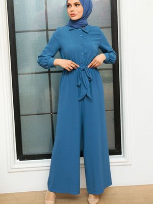 Düğmeli İndigo Mavisi Tulum