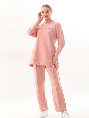 Pudra Renk Bisiklet Yaka Sweat Bol Paça Pantolon Spor Takım
