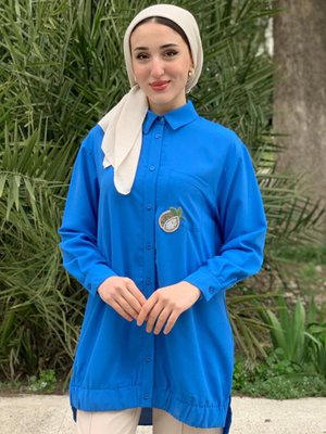 Mavi Puane Cebi Taşlı Gömlek Ceket