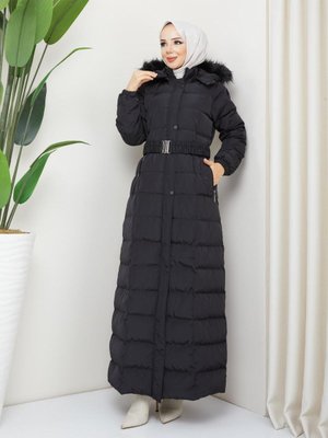 Liya Büyük Beden Kadın Tesettür İçi Astarlı Kemerli Tam Boy Mont