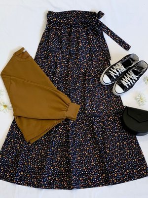 Camel Crop & Siyah Küçük Çiçek Kat Kat Etek