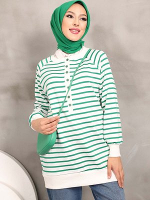 Yeşil Yaka Düğmeli Çizgili Sweatshirt Yeşil Yaka Düğmeli Çizgili Sweatshirt