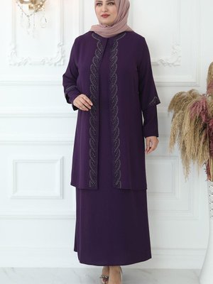 Kristal Taşlı Abiye Elbise Mürdüm