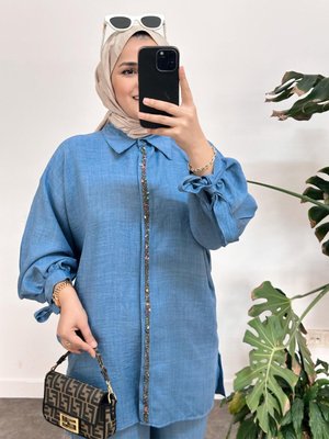 Boncuklu Pamuk Keten Takım Mavi Boncuklu Pamuk Keten Takım Mavi