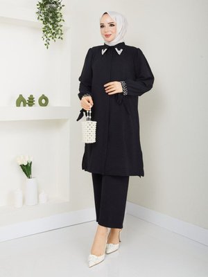 Yakası Ve Manşeti İnci Boncuklu Büyük Beden İkili Takım