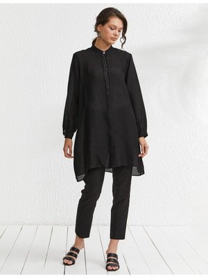 Boncuk İşlemeli Hakim Yaka Tunik Siyah