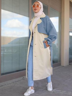 Lacivert (indigo) Kuşaklı Cepli Iki Renk Trençkot Lacivert (indigo) Kuşaklı Cepli Iki Renk Trençkot