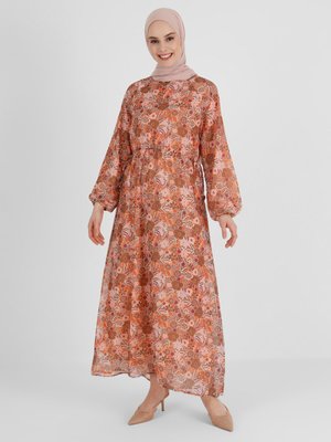 Orange Çiçek Desenli Beli Bağcıklı Yoryo Şifon Elbise