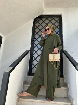 Asimetrik Tunik Pantolon Takım Haki Model