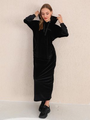 Siyah Taş Baskılı Kanguru Cep Kadife Uzun Spor Elbise Siyah Taş Baskılı Kanguru Cep Kadife Uzun Spor Elbise