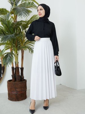 Bel Lastikli Piliseli Etek Beyaz Bel Lastikli Piliseli Etek Beyaz