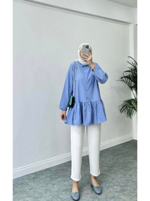 Tasarım Kuş Baskılı Mavi Çizgili Gömlek