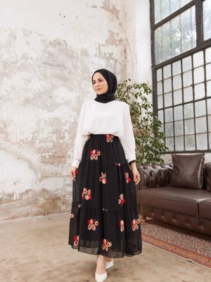 Nakışlı Şifon Etek Kırmızı