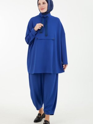 Armine Trend Yakası Grogren Bağcıklı Pantolonlu İkili Takım Saks