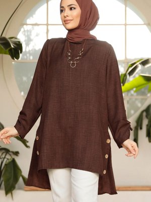 Düğme Detaylı Kahverengi Tunik