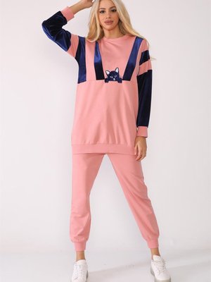 Pudra Kadife Garnili Kedili Eşofman Takım