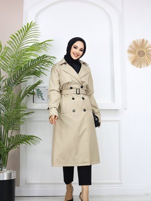 Kruvaze Yaka Fleto Cepli Trençkot