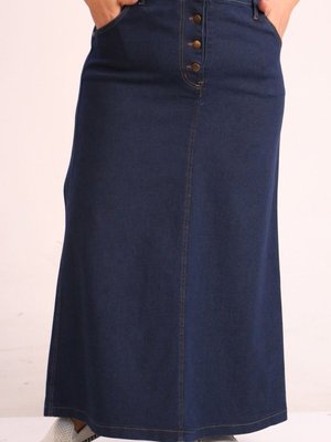 Lacivert Büyük Beden Önden Düğmeli Uzun Kot Etek