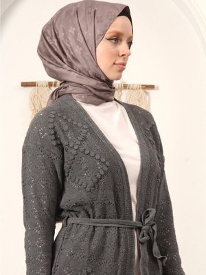 Antrasit Ponpon Desenli Kuşaklı Yazlık Kısa Hırka