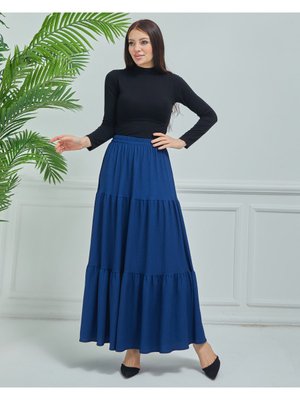 Mavi Mevsimlik Katlı Pamuklu Uzun Günlük Rahat Etek, Etek