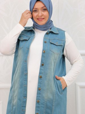 Büyük Beden Taşlamalı Tırnaklı Kot Yelek Soğuk Mavi