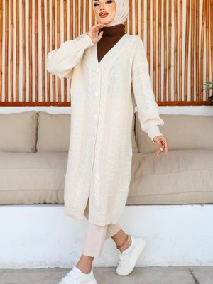 Düğmeli Uzun Triko Hırka Taş Rengi