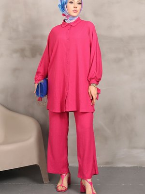 Fuşya Yarasa Kol Bağlamalı Bürümcük Keten Tunik Pantolon Takım