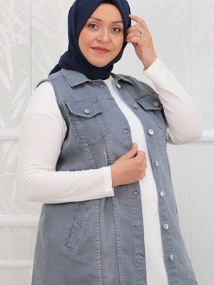 Büyük Beden Taşlamalı Tırnaklı Kot Yelek Gri